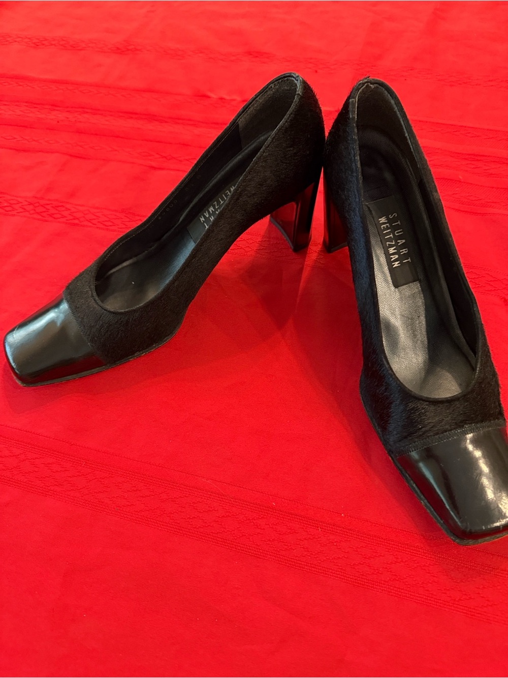 Stuart Weitzman Anna Black Peau Pump Haircalf & Patent Square-Toe Pumps Size 8.5